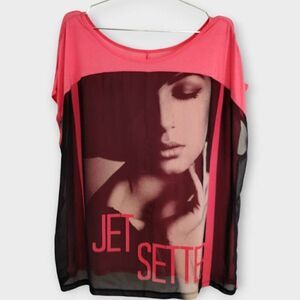 Lane Bryant Womens Tshirt Sz 18 Jet Setter Graphic Coral Sleeveless‎ Scoop Y2K